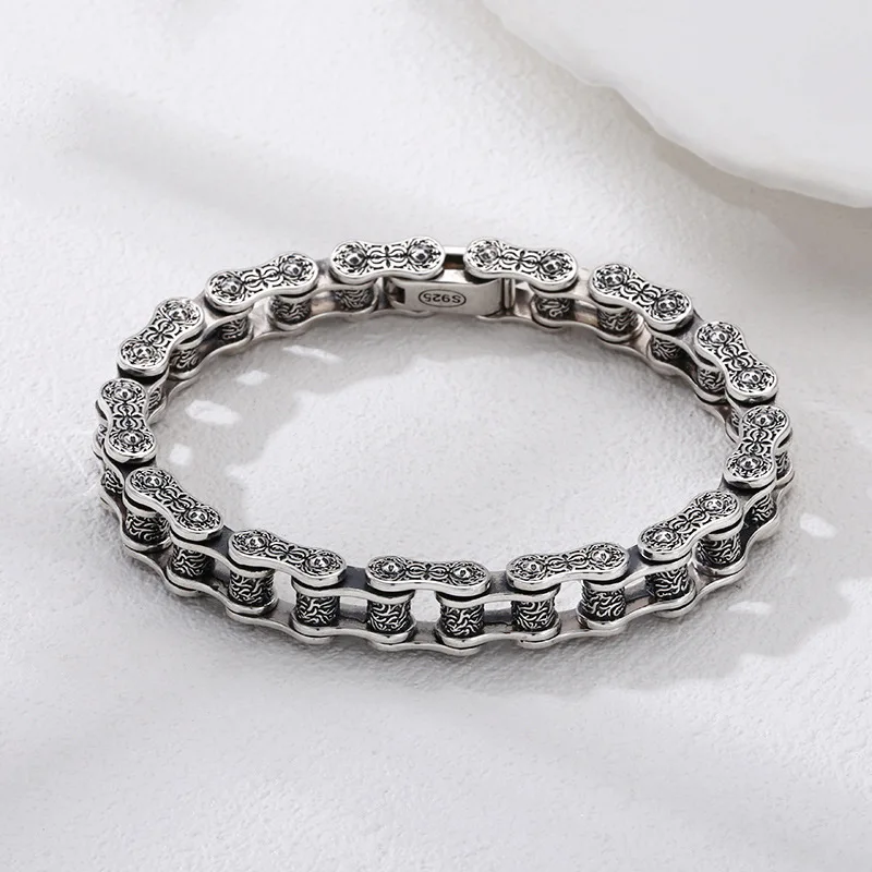 

925 sterling silver motorcycle chain bracelet thick tangca pattern men's trendyy thai silver retro distressed jewelry