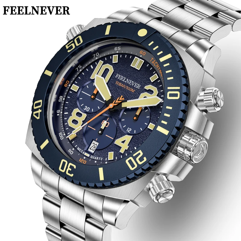 FeelNever Fashion Professional Quarz-Herrenuhren aus 316L-Edelstahl, wasserdicht, leuchtend, japanische Marke SEIKO-VK63 Herrenuhr