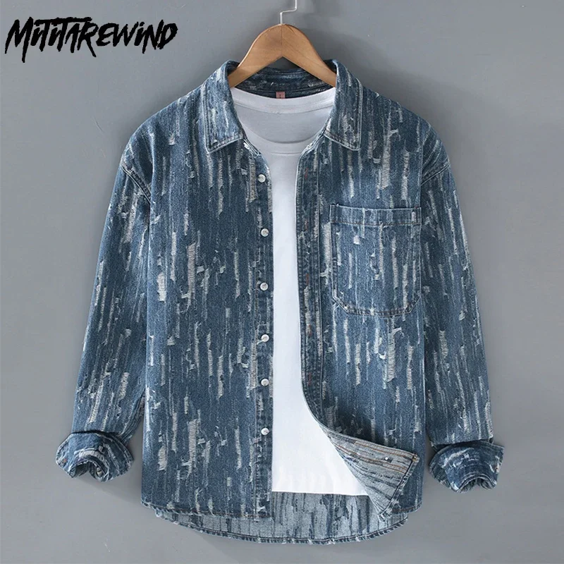 

Korean Vintage Long Sleeve Blue Denim Shirt Men Streetwear Ripped Jean Shirts Casual Woven Printed Shirts Loose Cowboy Top Youth