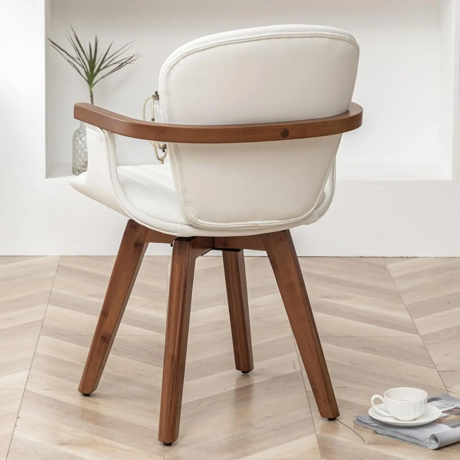 Swivel Dining Chairs Set of 4, Mid Century Modern White Faux Leather Kitchen Chairs with Arms,Bamboo Legs Side Chairs, Custom view 3
