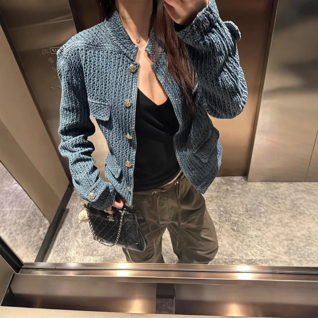 2026 Women Old Money Style Cropped Denim Tweed Jacket Textured Chic Short Outerwear Spring Autumn Versatile Fashion Ladies Coat