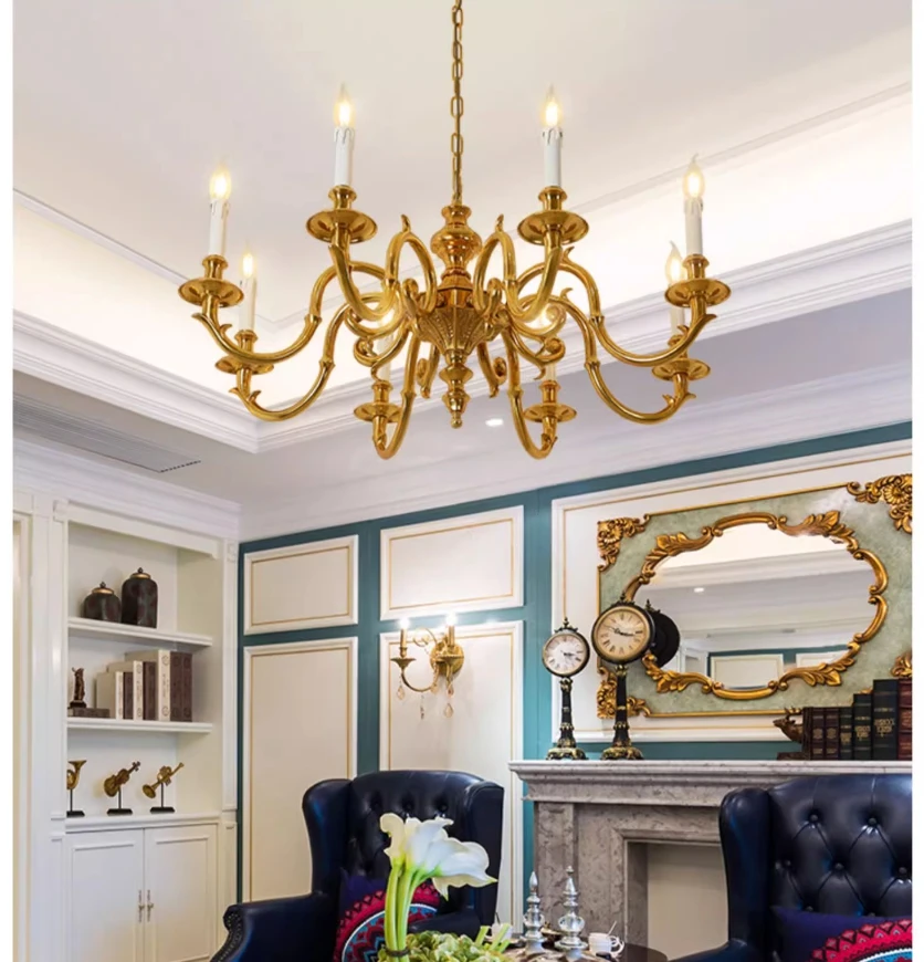 French Style Copper Chandelier Pendant Lamp D85cm H45cm 8 Lights Porch Lamp Chandelier Indoor Hanging Lights Candle Home Lights