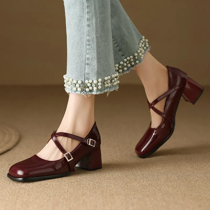 

Big Size 33-46 Closed Toe Burgundy Wine Red Cross-strap Rhinestone Square Chunky High Heels Women's Mary Janes Shoes Cute Pumps