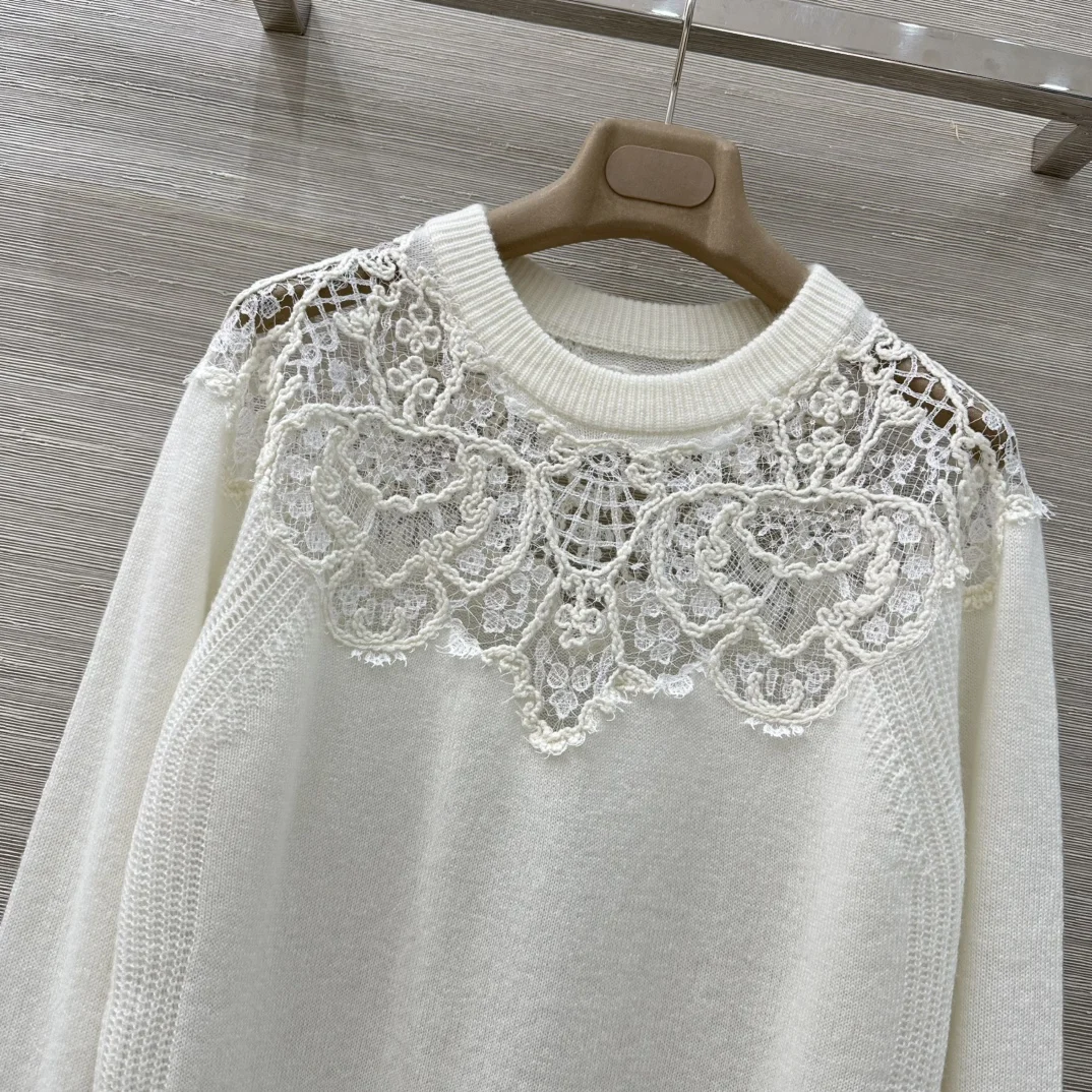 เสื้อไหมพรมถักมือลายลูกไม้สำหรับผู้หญิง แขนยาว คอกลม สไตล์ลำลอง สำหรับฤดูใบไม้ร่วงและฤดูหนาว ทำจากแคชเมียร์แท้