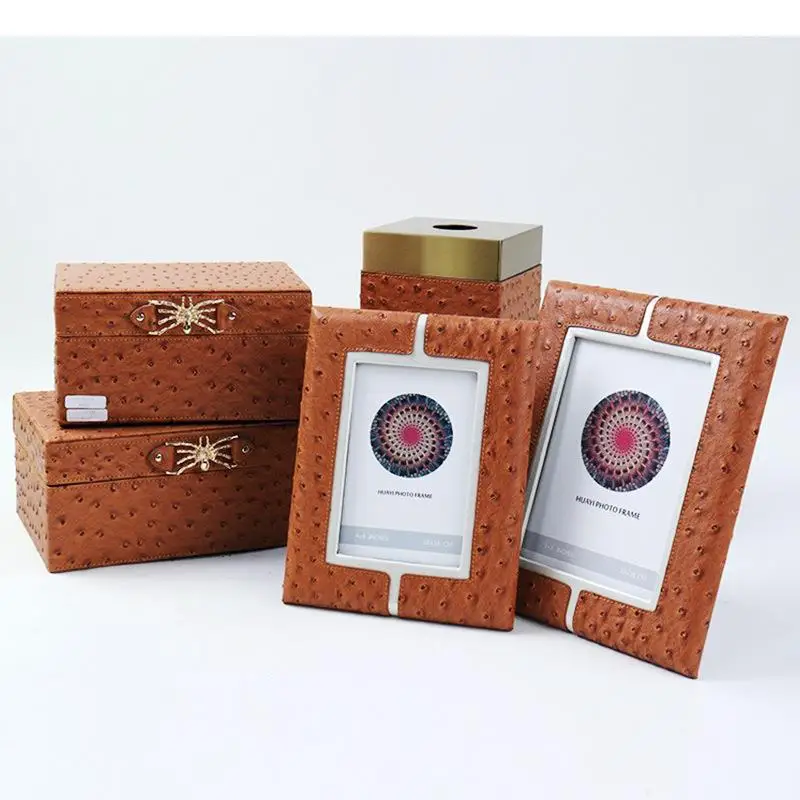 

Orange Leather Photo Frames Tissue Box Jewelry Modern Design 6/7 Inch Frame Desk Decoration Gilded Spider Storage