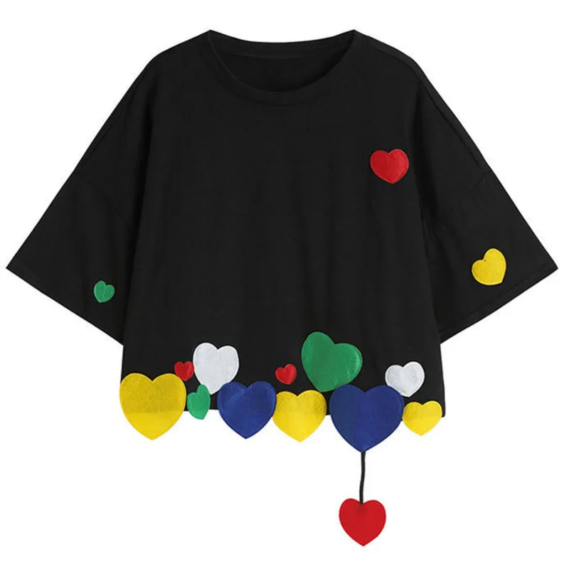 Summer Women Casual Loose Short T-shirt O-Neck Short-sleeved Colorful Love Heart Appliques Tshirt Teenagers Kawaii Tee Tops