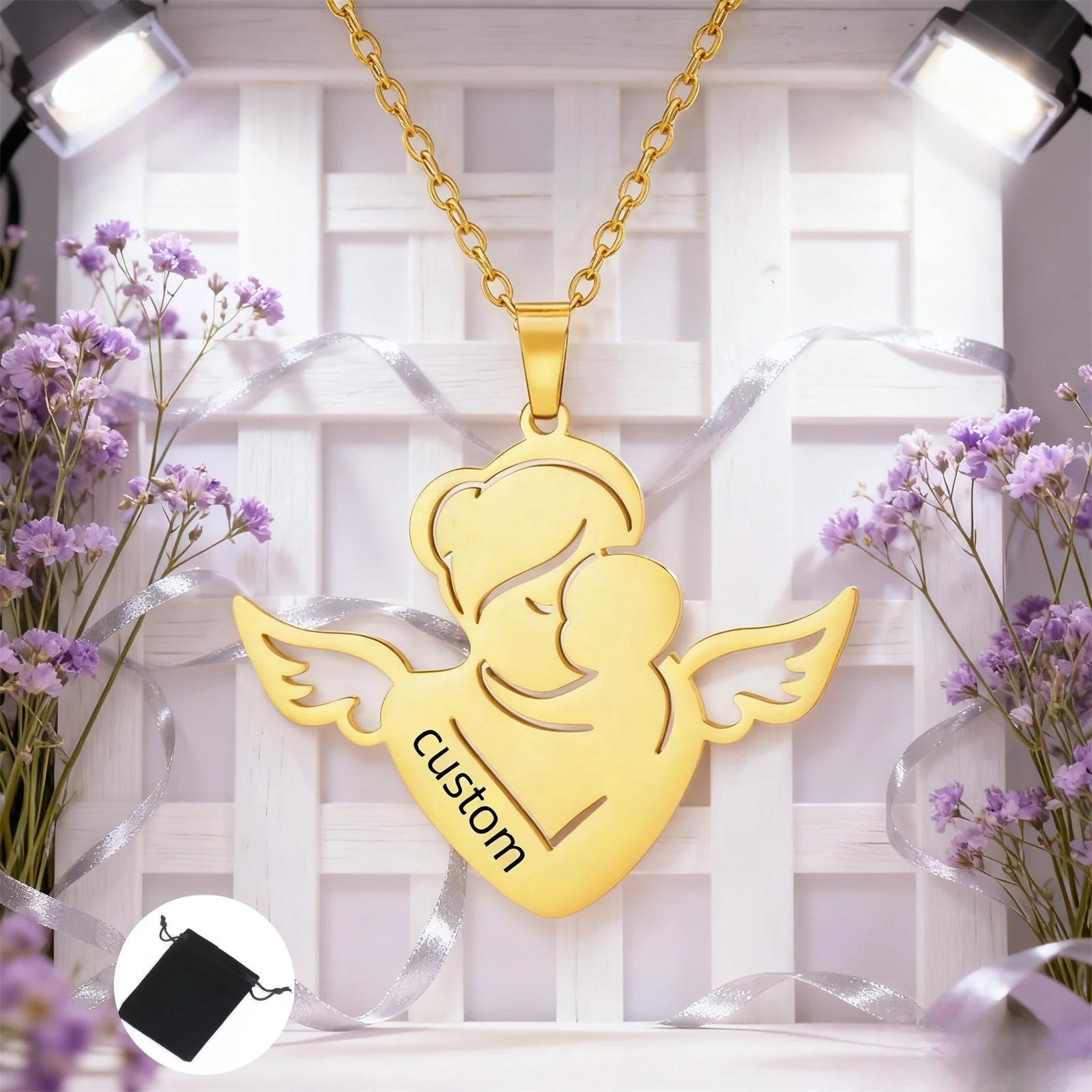 

Customized Name Date Angel Mom Necklace Stainless Steel Personalized Name Fashion Mother's Love Necklace Mother's Day Jewelry
