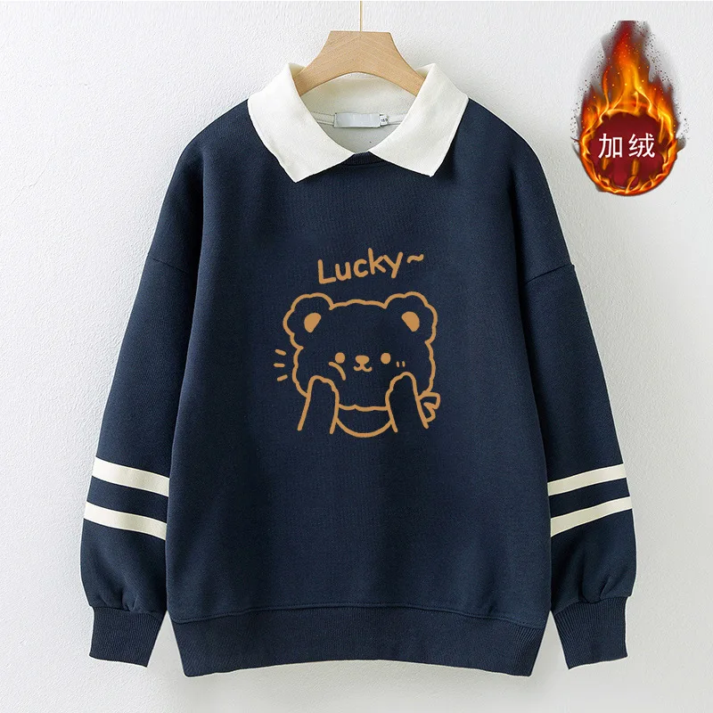 Autumn and Winter Plus Velvet Thick Polo Collar Sweatshirt for Girls, College Style Vacation, Two Long Sleeved Base Tops