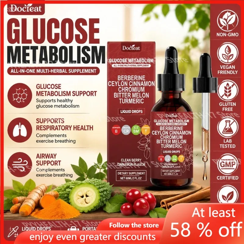 Docteat Glucose Metabolism All-in-One Liquid Drops with Berberine Ceylon Cinnamon Chromium Bitter Melon and Turmeric 60 ML