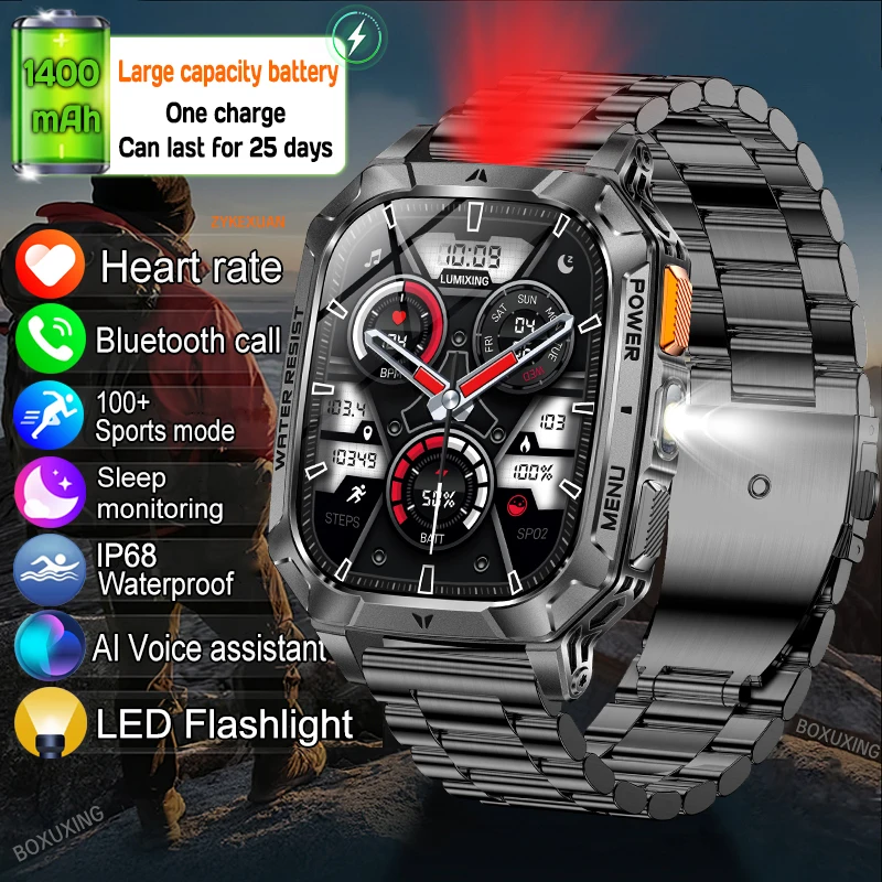 

Смарт-часы с аккумулятором 1400 мАч, военные, спортивные, с функцией отслеживания фитнеса, водонепроницаемые IP68, со светодиодным фонариком, с функцией звонков по Bluetooth, для iOS и Android