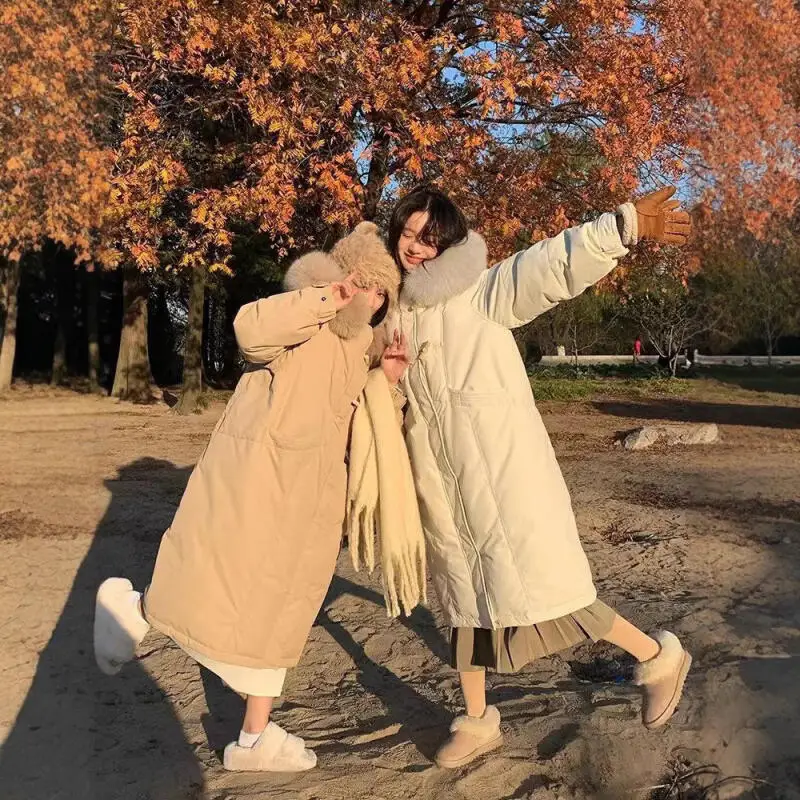 

Down Cotton Jacket Girl's Korean Version Hooded Fur Collar Cotton-Padded Jacket Long Style Thicken Women's Puffer Jacket Winter