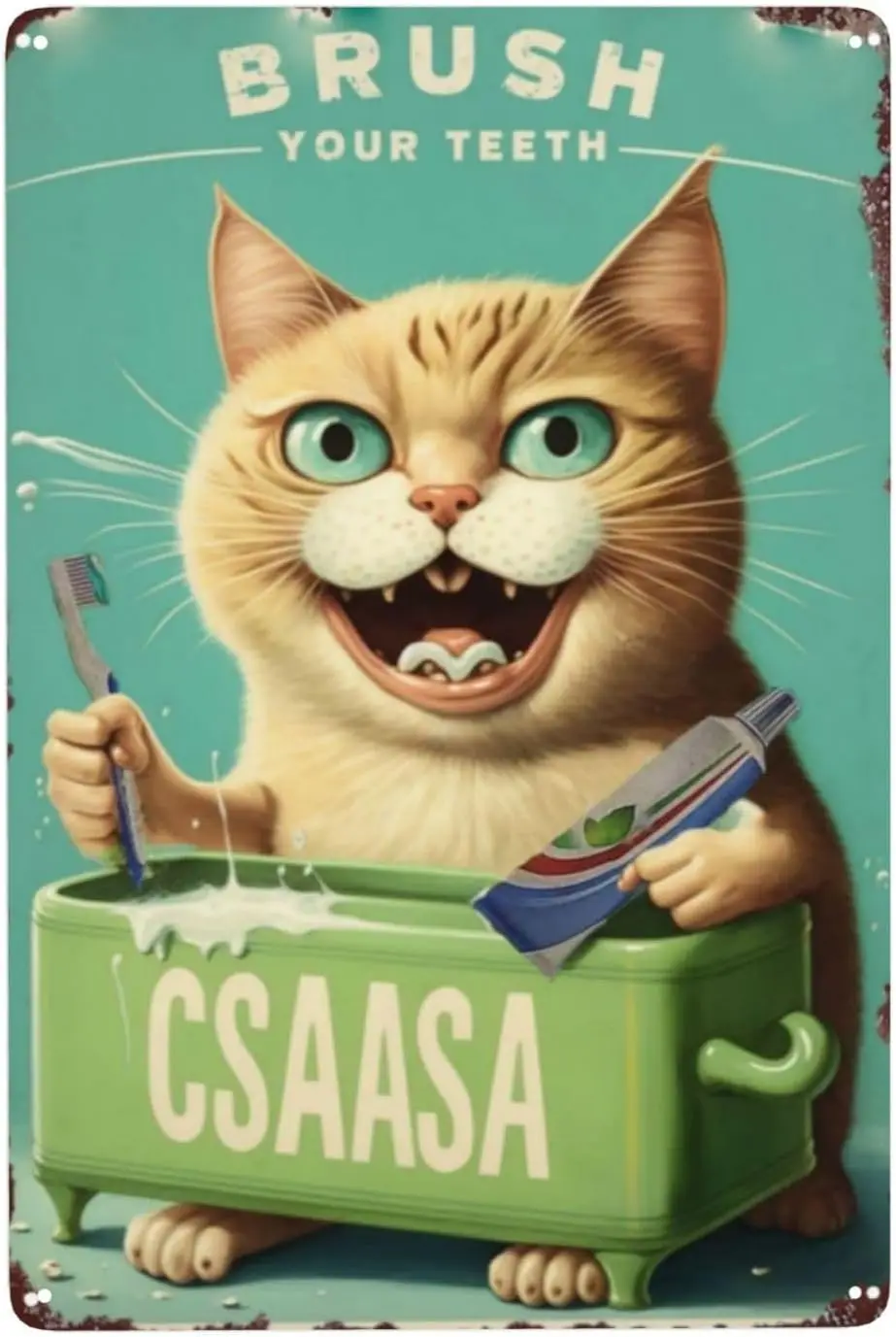 Brush Teeth Cat Tin Sign - 8x12 Inch Vintage Hotel Wall Art - Retro Christmas Theme Decor for Living Room Dining Bathroom Poster