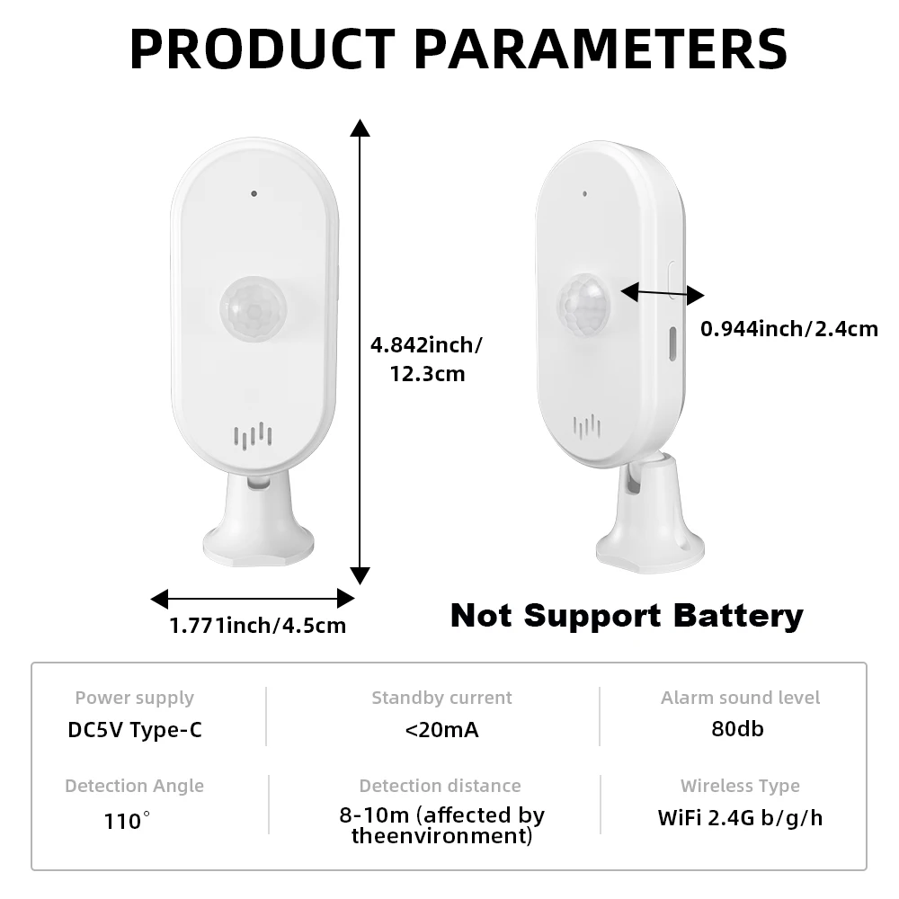 ONENUO Tuya WiFi PIR Motion Sensor Human Body Detect Sensor Smart Life 80dB Sound Infrared PIR Sensor Timing Arm/Disarm Function