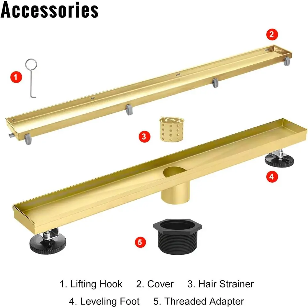 18 Inch Brushed Gold Shower Drain with Invisible Tile Insert Panel and Hair Strainer