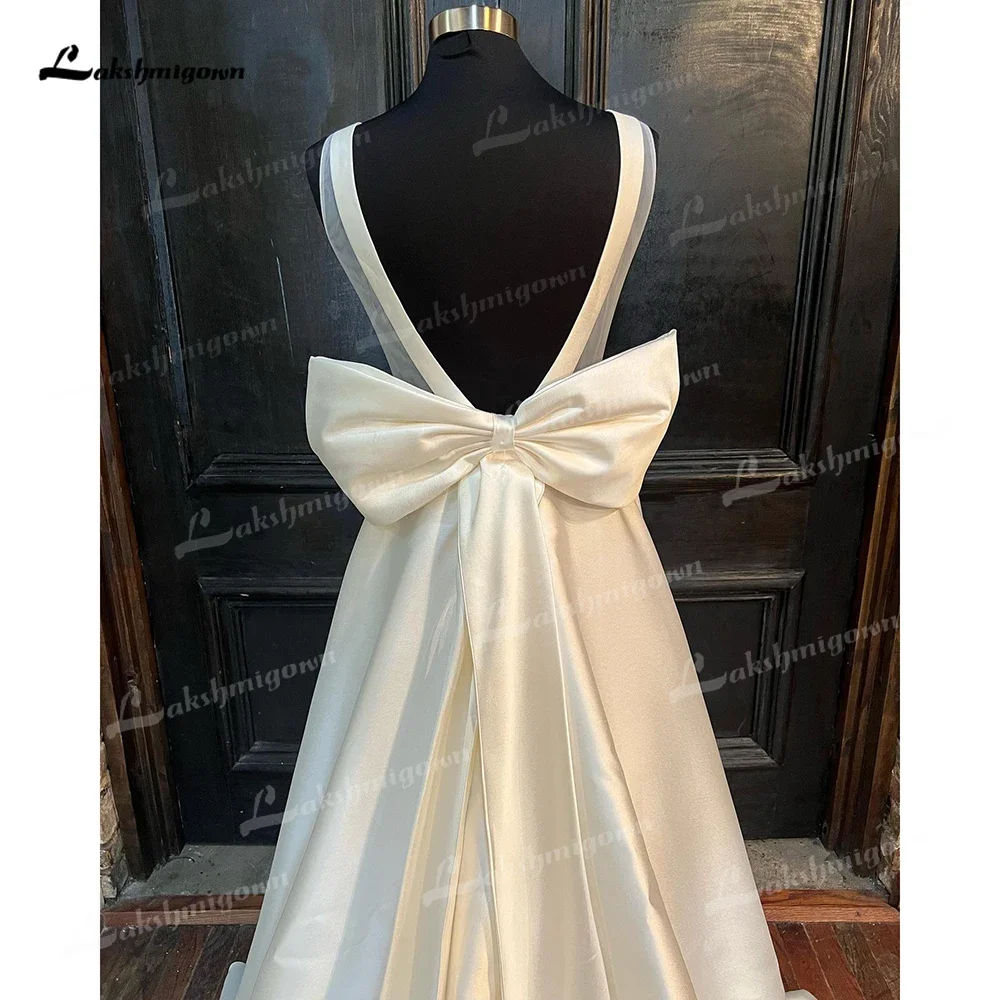 Simple A Line Wedding Dress Elegant O-Neck Off the Shoulder Open Back Bow Button For Women Bride Gown Satins Sweep Vestidos Robe