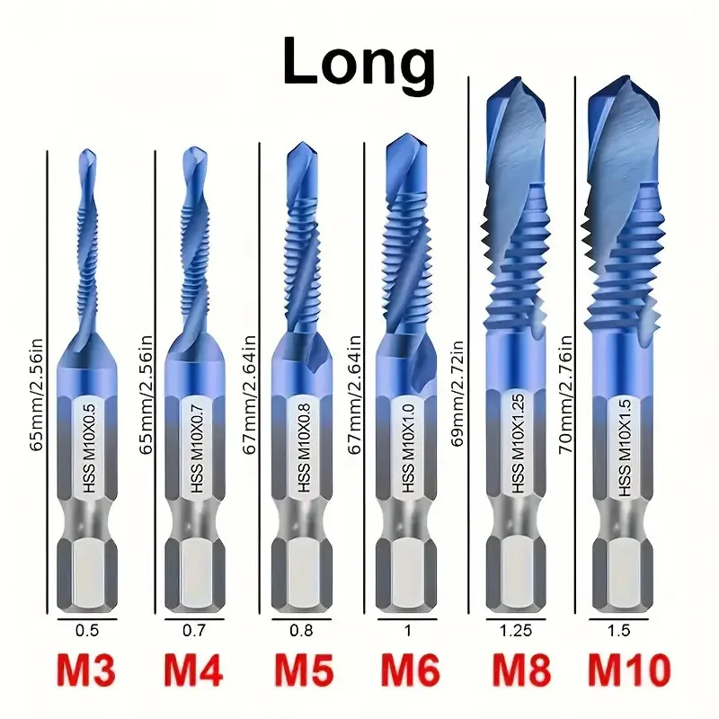 6Pcs HSS Metric Thread Tap Drill Bits M3-M10, Hex Shank Tap Bits for Screwdriver, Metalworking, Drilling & Tapping Tools