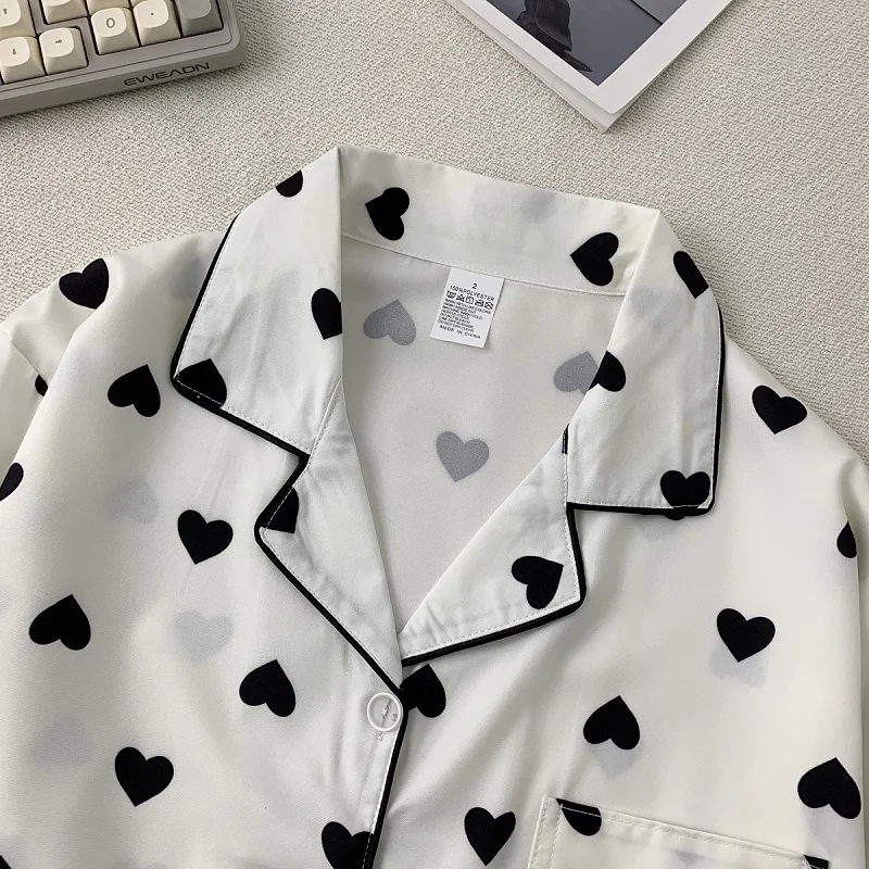 Preto amor impressão coreano moda pijamas conjunto plus size lapela pescoço estilo harajuku pijamas femininos conjunto nova primavera 2025 pijamas