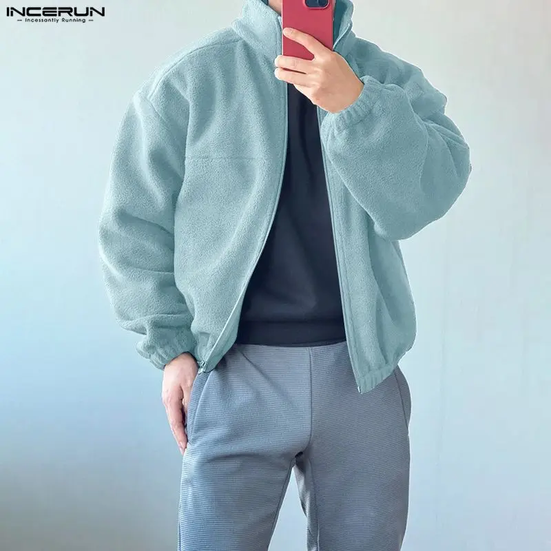 

INCERUN Men Jackets Solid Color Polar Fleece Lapel Long Sleeve Male Coats Streetwear Loose Fashion Casual Outerwear Men S-5XL