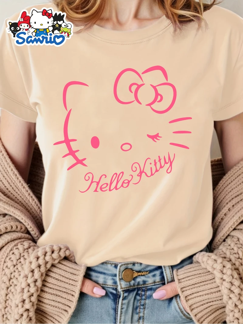تي شيرت نسائي بأكمام قصيرة من Hello Kitty Sanrio لعام 2025 باللون الأبيض والوردي الفاخر الراقية لكل من الرجال والنساء Y2k