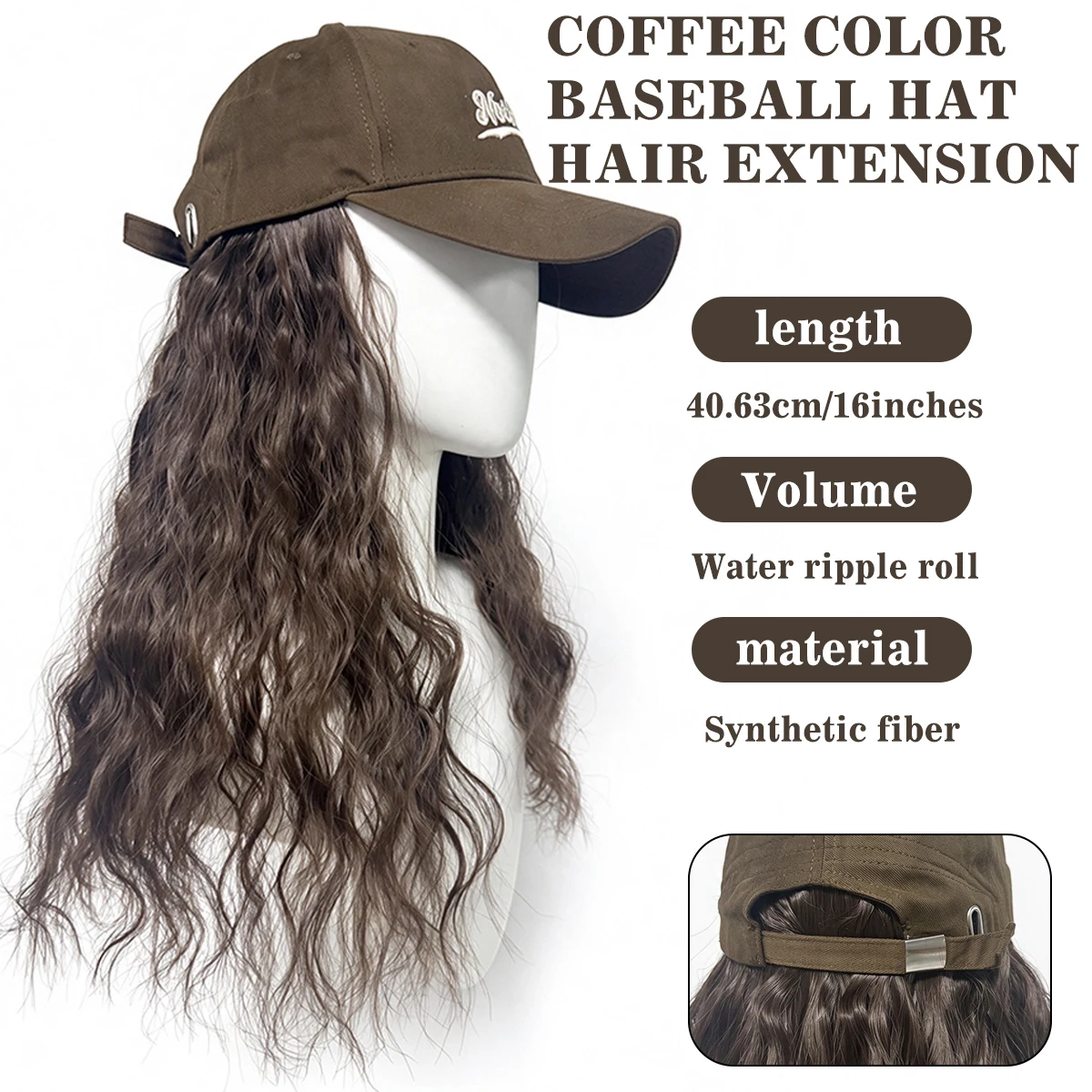 Hat Wig for Women Water Wavy Synthetic Hair Wig with Embroidered Baseball Cap Natural Looking Curly Hair Wig for Daily Party