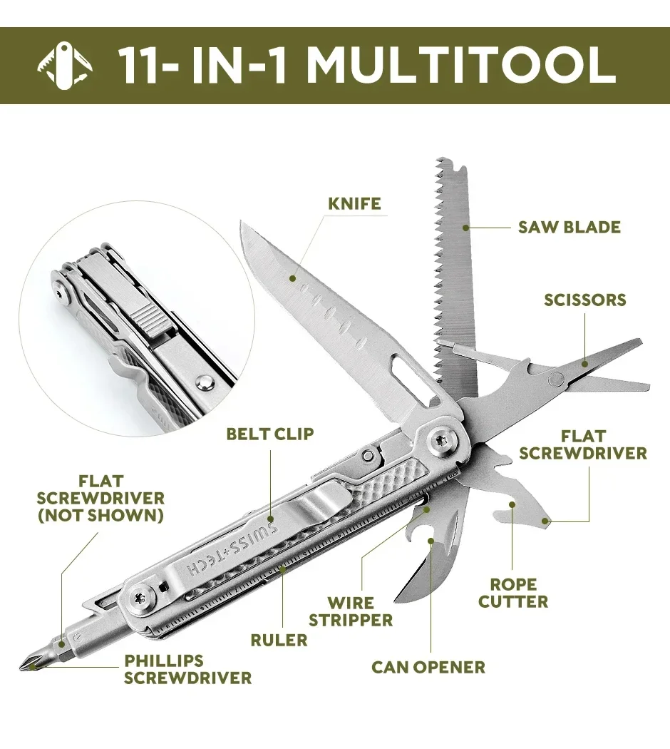 SWISS TECH 11 in 1 Scissors Screwdriver Mini Utility Knife Outdoor Portable Survival Camping EDC Tools Gadgets