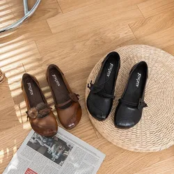 2023 Spring And Autumn New Ethnic Style Flower Leather Women's Shoes Flat Heel Soft Sole Toe Layer Leather Women's Flat Shoes