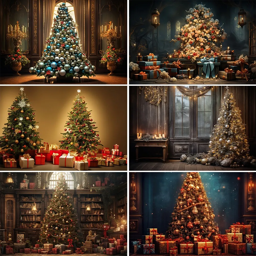 Bonvvie Christmas Photography Background Vintage Indoor Christmas Tree Gifts Party Family Decor Photo Studio Backdrop Photobooth