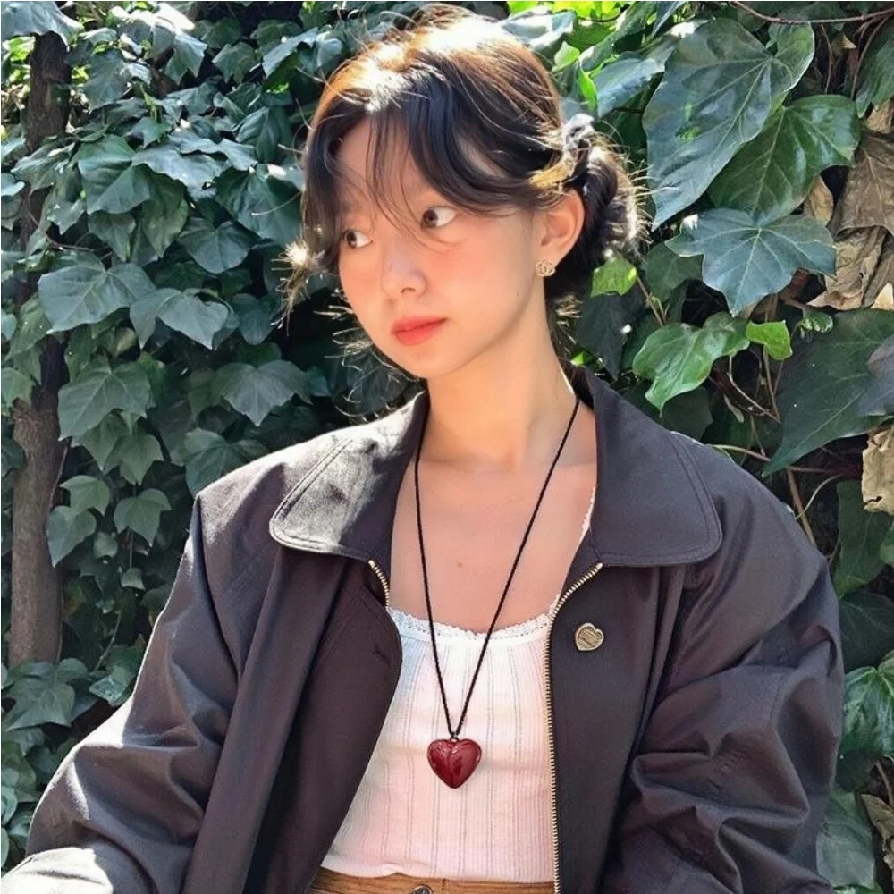 Kpop Red Love Pendant Necklace Retro Adjustable Leather Rope Sweater Chain Necklace Fashion Women Jewelry Accessories Gift