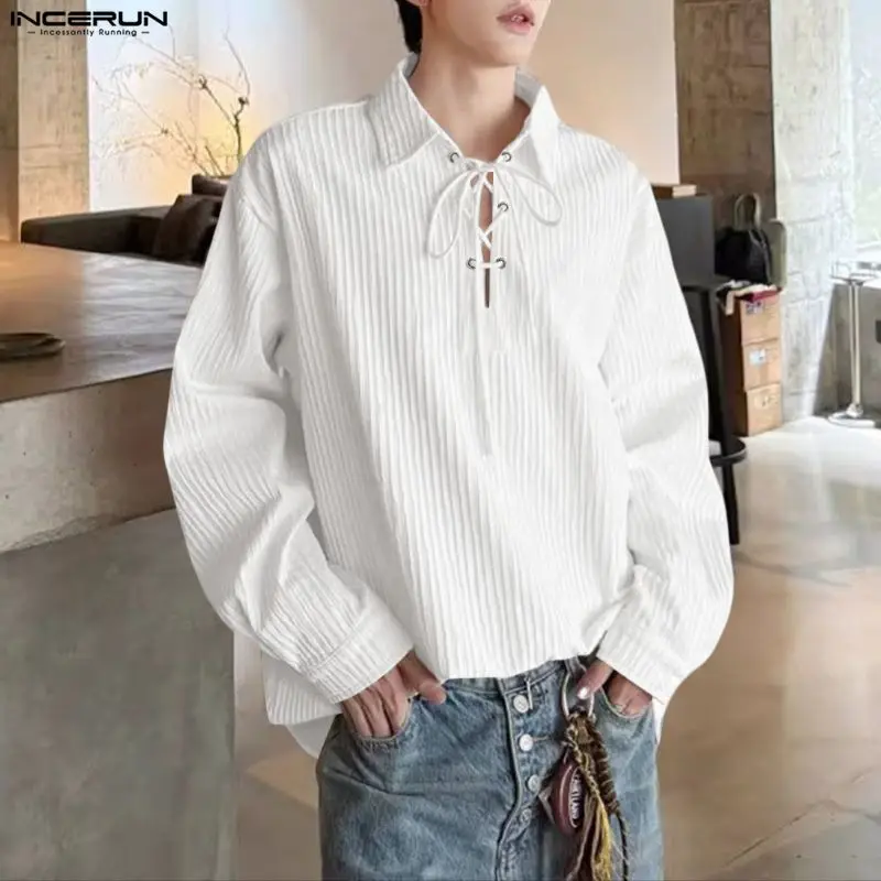 

INCERUN Мужская рубашка Сплошной цвет с лацканами и длинным рукавом на шнуровке Повседневная мужская одежда Уличная одежда Топы Свободные модные рубашки в корейском стиле