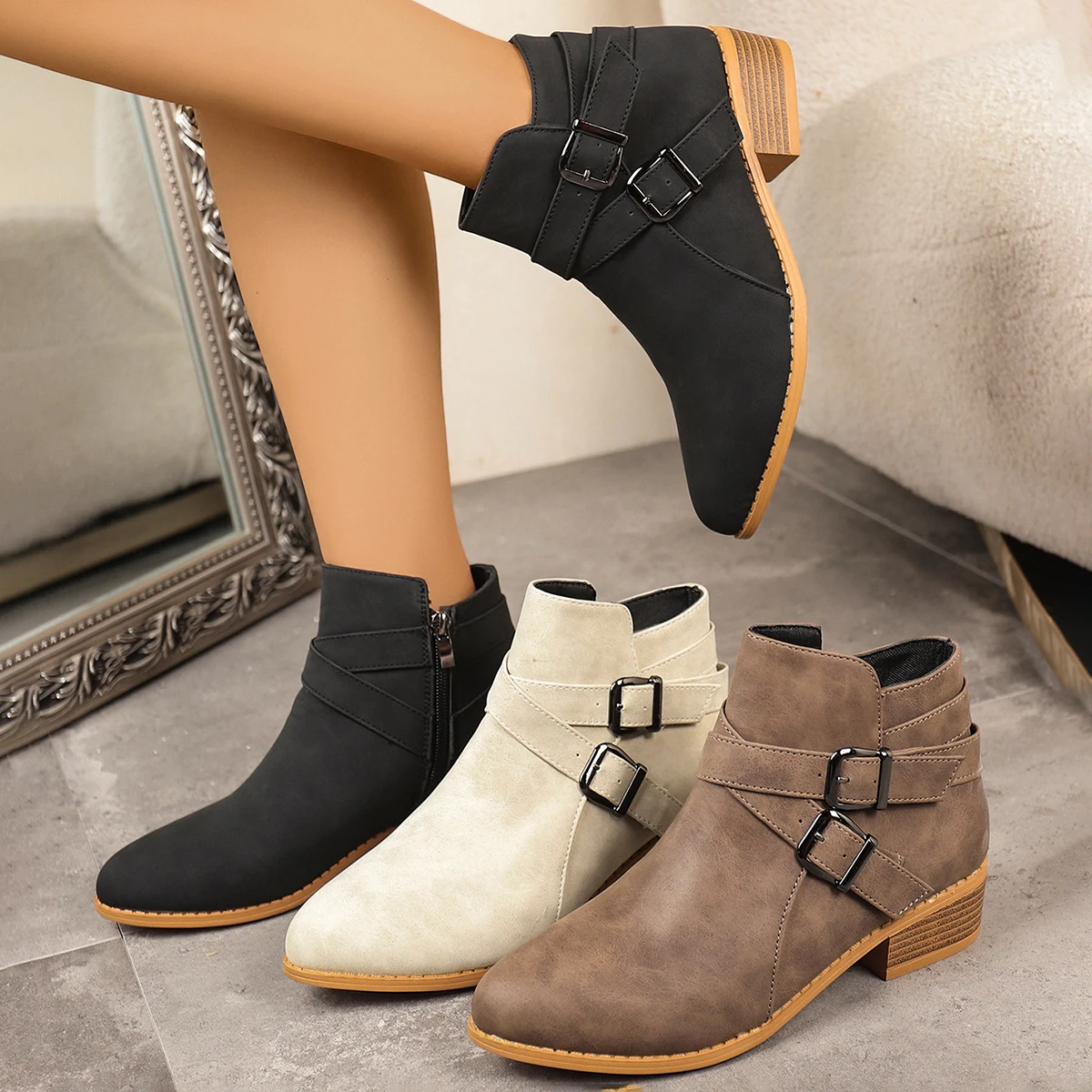 

Женские ботинки Модная обувь на толстом каблуке Женские короткие ботинки с круглым носком в стиле ретро Женские осенне-зимние ботильоны на среднем каблуке большого размера