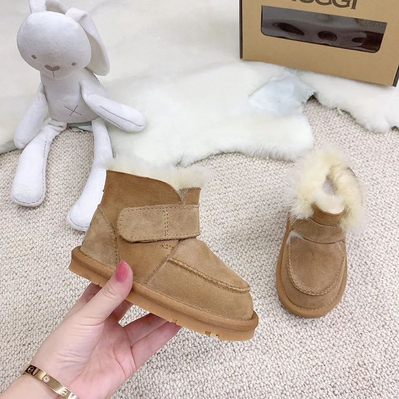 شتاء دافئ الصوف طفل الفتيان الثلوج الأحذية عالية الجودة جلد الغزال طفل فراء الأحذية جلد البقر عدم الانزلاق فتاة الأحذية الدافئة #6