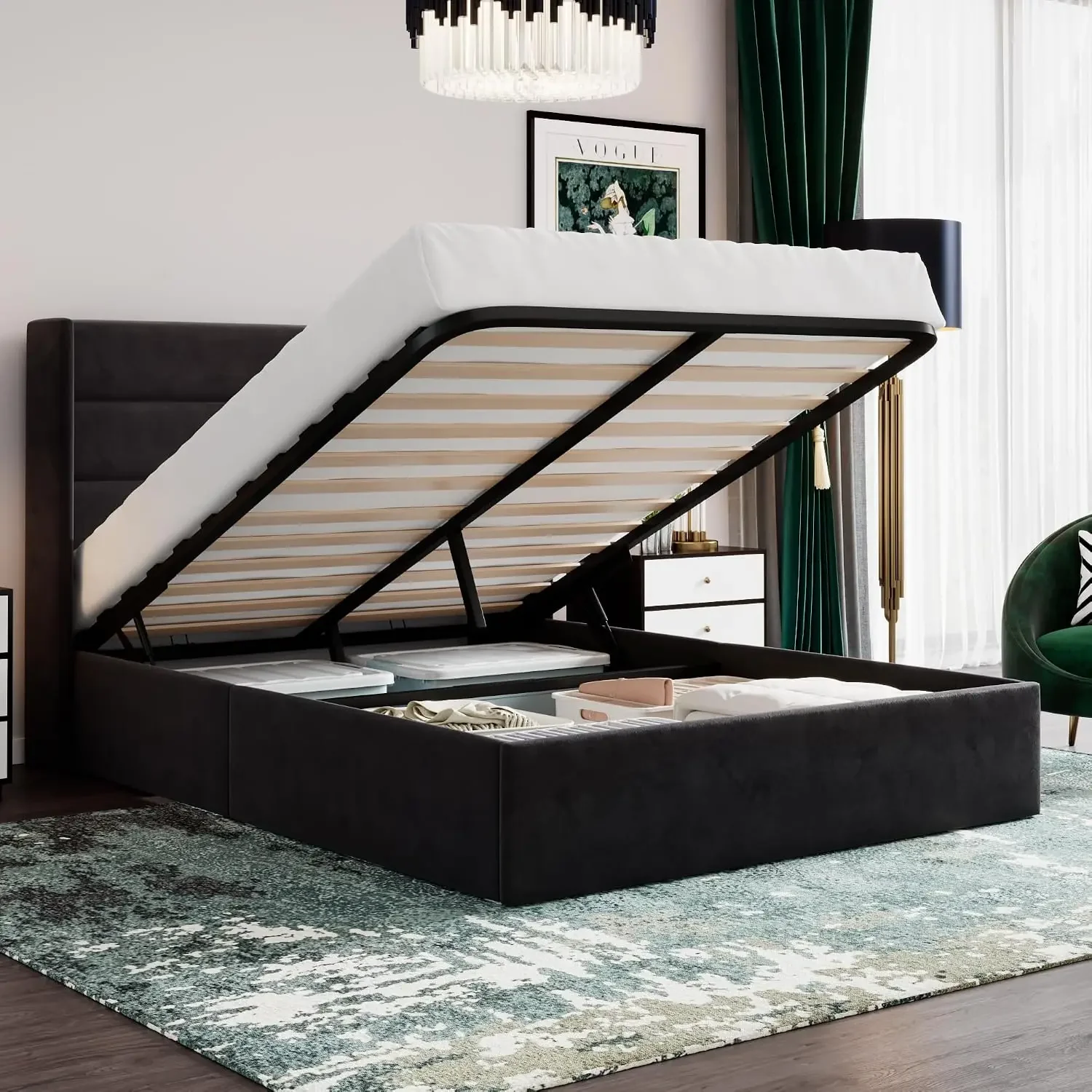 Queen Size Lift Up Hydraulic Storage Bed Frame Black | Modern Wingback Headboard, Upholstered Platform Bed Frame, Hydraulic