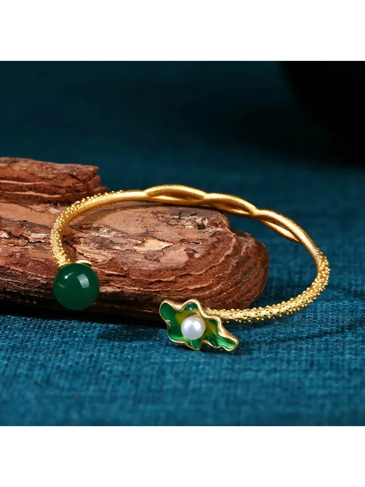 *Ethnic Palace Style Cuff Bracelets for Women Lotus Flower Leaf Shaped Charm Bangle Gold