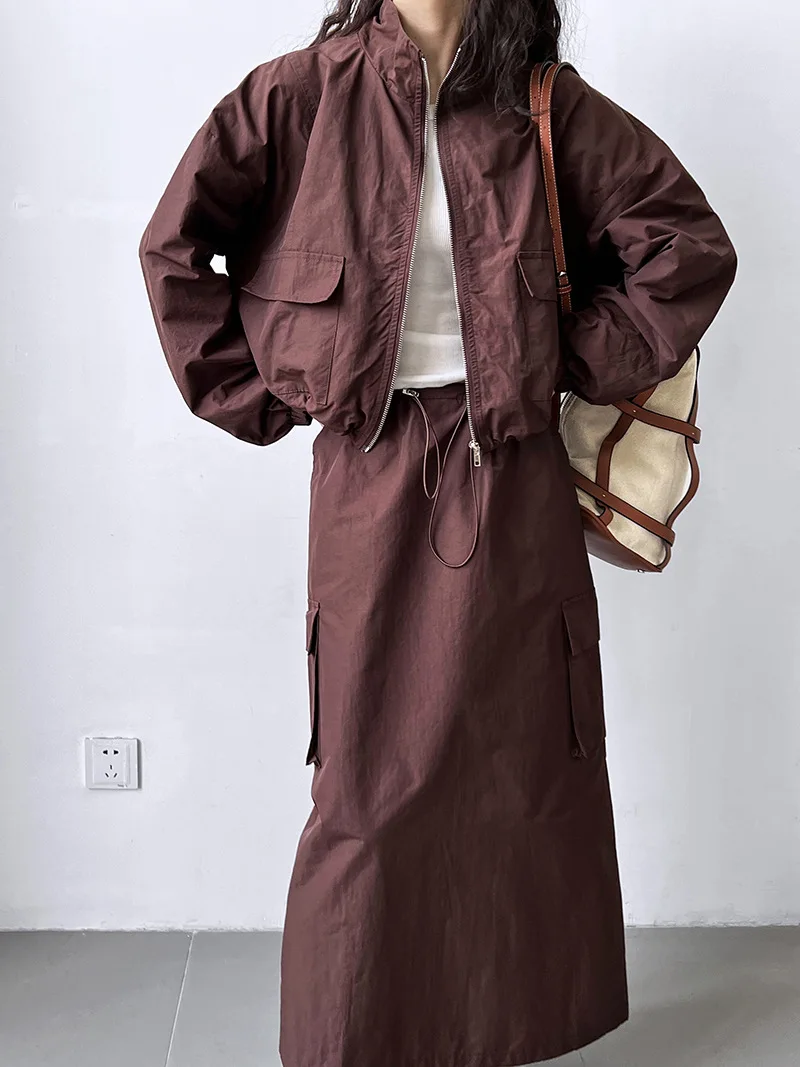 

American short jacket jacket+drawstring skirt two-piece outdoor sports workwear set for women, spring and autumn