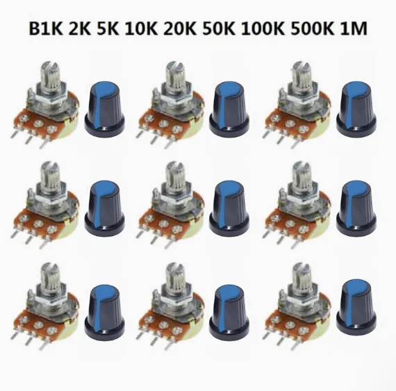 9 Values * 1PCS=9PCS Assorted Pack Set B1K/B2K/B5K/B10K/B20K/B50K/B100K/B500K/B1M WTH148  Potentiometer Kit 15mm 3pin(with cap)