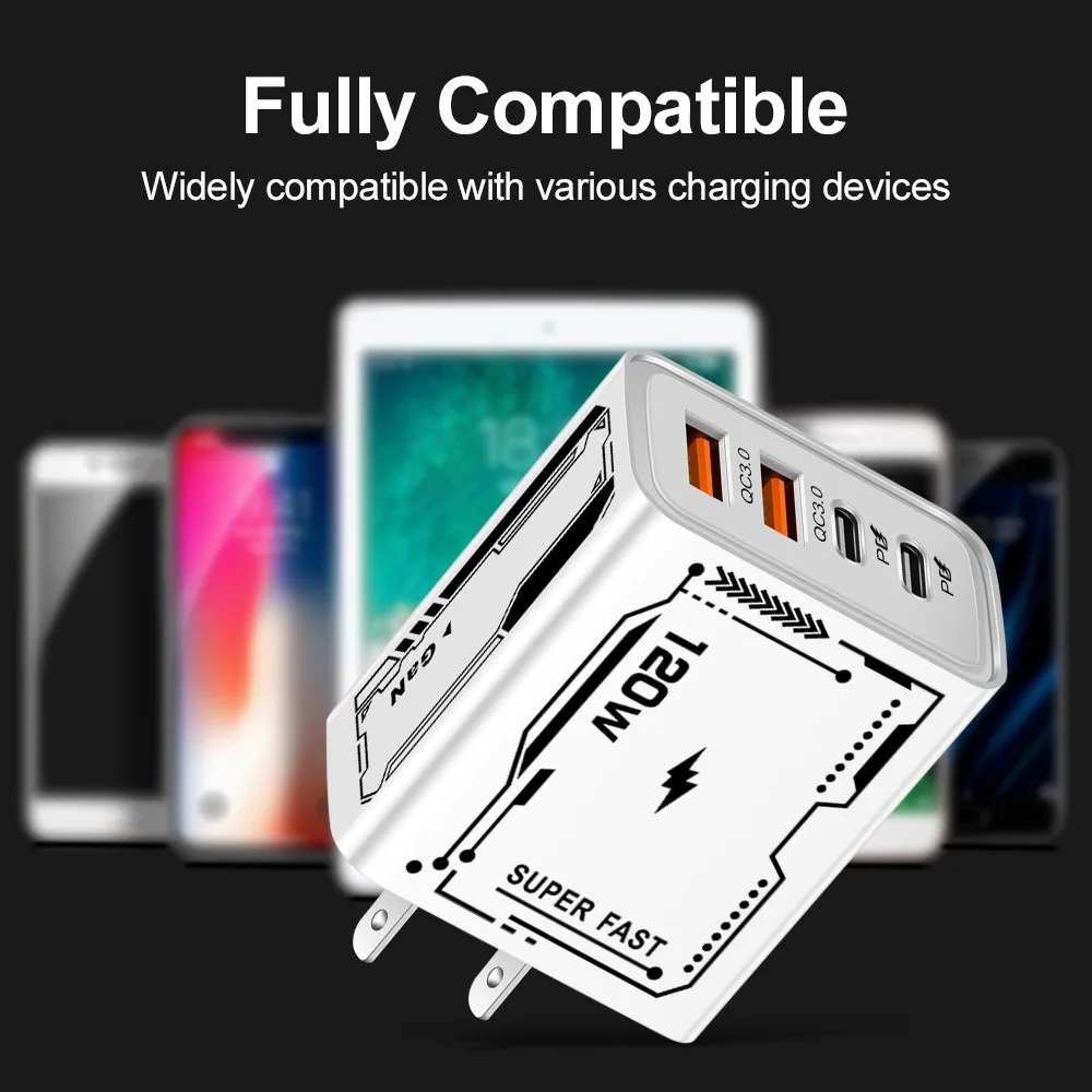 120W 4 Ports USB C Wall Charger QC3.0 PD Power Adapter Mobile Phone Charger for iPhone 15 14 13 12 11 Huawei Samsung Xiaomi