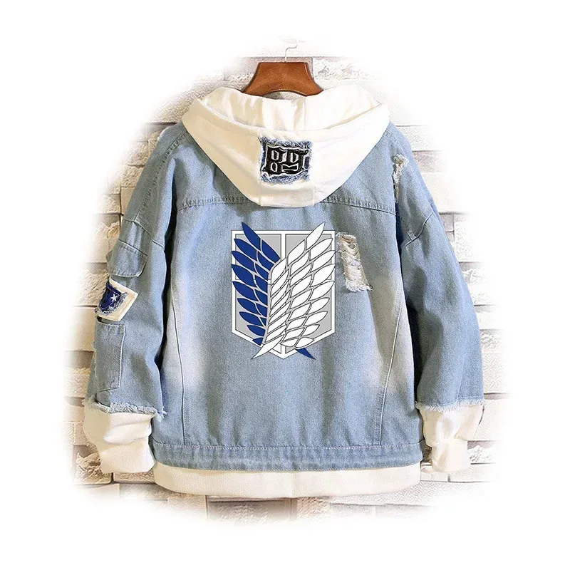Attack on Titan Jeans Jacket Scout Regiment Cosplay Denim Jacket Autumn Eren Jager Hooded Sweatshirt Outwear Coat