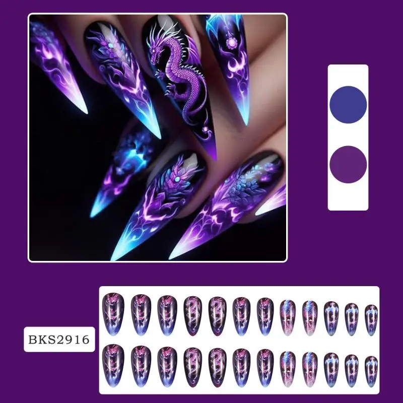 Fake Nail Ins Style False Nail Medium Style Almond Nail Flakes Finished Chinese Style Colorful Dragon Pattern Nail Flakes