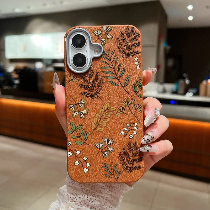 Branches Leaves Print Case for iPhone 16 Pro Max Coque iPhone 11 12 13 14 15 Pro Max SE Luxury Leather Texture Silicone Cover