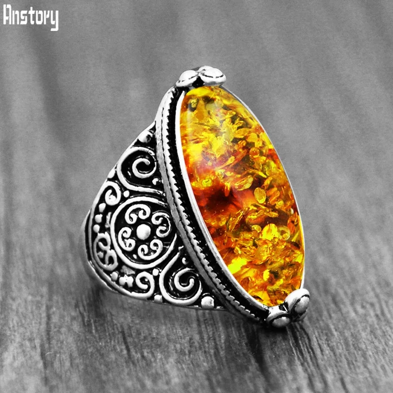 Eye Shape Synthetic Ambers Rings For Women Vintage Look Flower Resin Fashion Ring