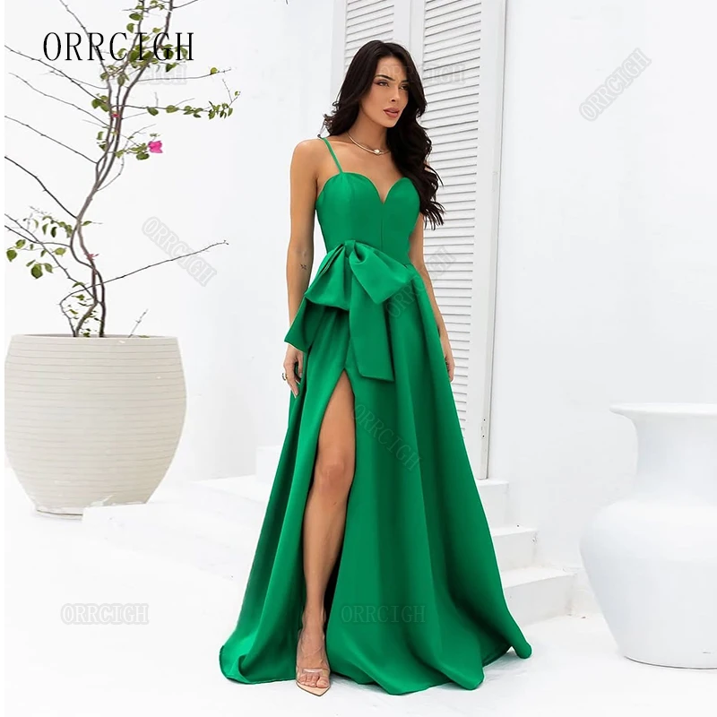 Green Satin Prom Dresses for Women with Slit Ruched Spaghetti Strap V Neck Long Ball Gown Floor Length Formal Evening Dress