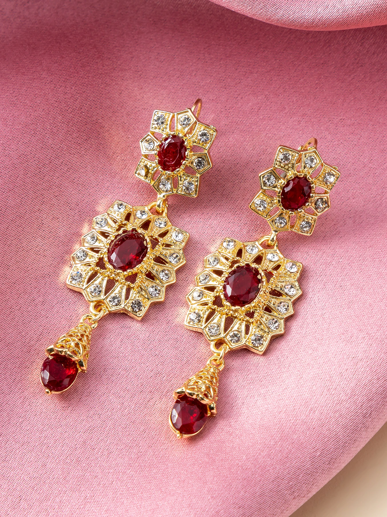 French Vintage Court Style Golden Hollowed-Out Earrings For Long Moroccan Brides. Exquisite Holiday Gift Option.