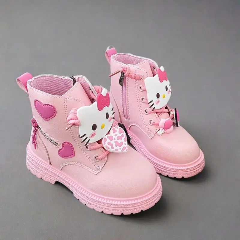 Sanrios Girl Leather Boots Hello Kittys Autumn Winter Princess Short Boots Versatile Single Boots Child Soft Bottom Cotton Boots