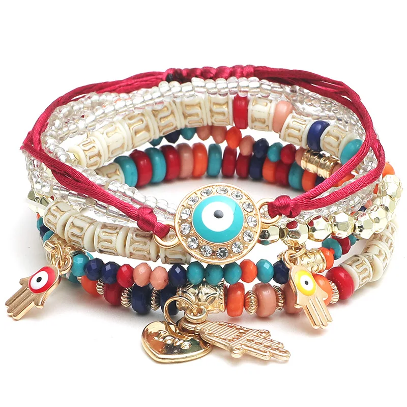 6-teiliges Set böhmisches Armband mit bösem Auge für Damen, Fatima-Hand, Herzanhänger, Perlenarmband, Kettengliederarmband, weiblicher Schmuck, Geschenk – Detail 9