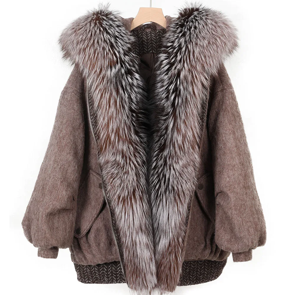 

2025 Luxury Wool Fabric Big Fox Collar Winter Warm Women's Natural Fur Down Coat