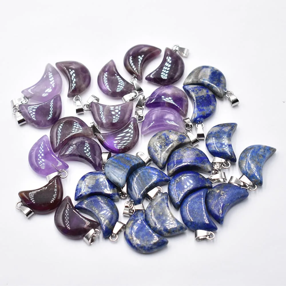 Wholesale 30pcs/lot fashion quality natural Stone lapis lazuli amethysts crescent moon shape charms pendants for jewelry making