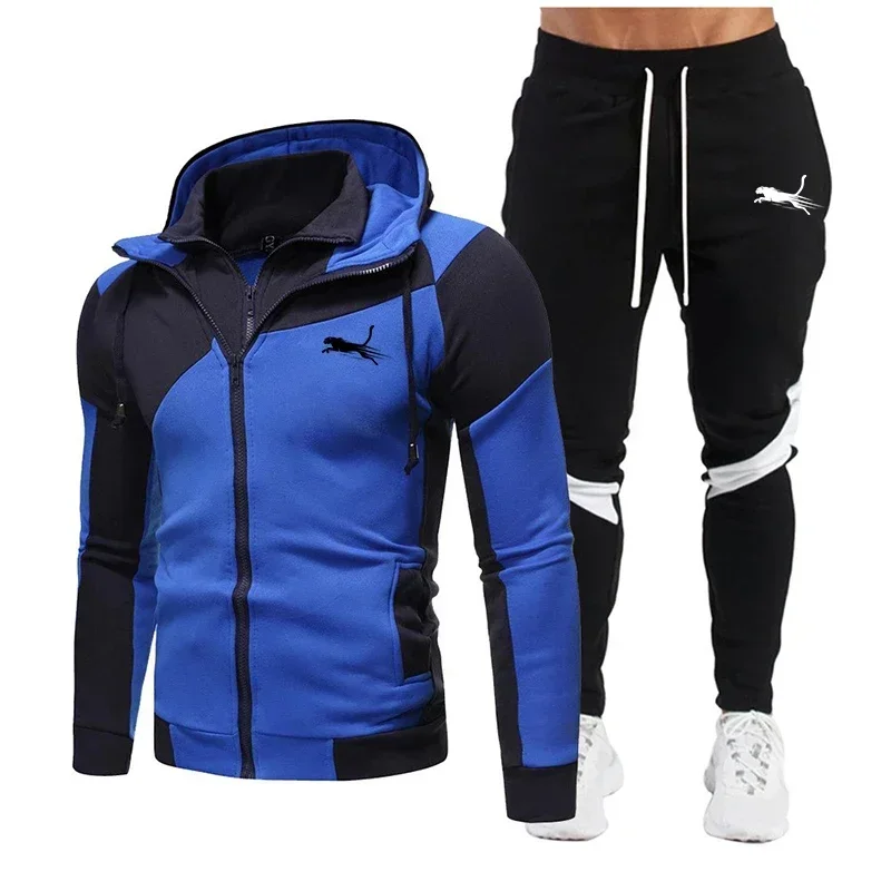 Autumn Winter Men\'s High Quality Hoodie Sportsuit Double Zipper Colorblocking Sportswear Fashion Casual Jacket Outdoor Sportjack