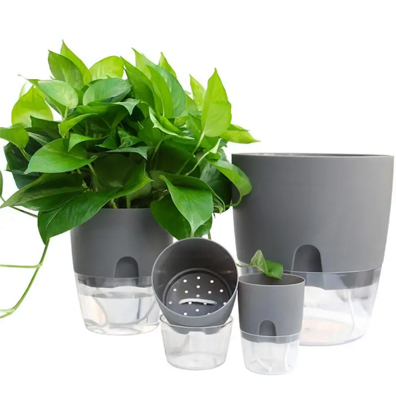 Flower Pot Self Watering Transparent Double Layer Plastic Flowerpot Cotton Rope Watering Small Plant Pot With Injection Port