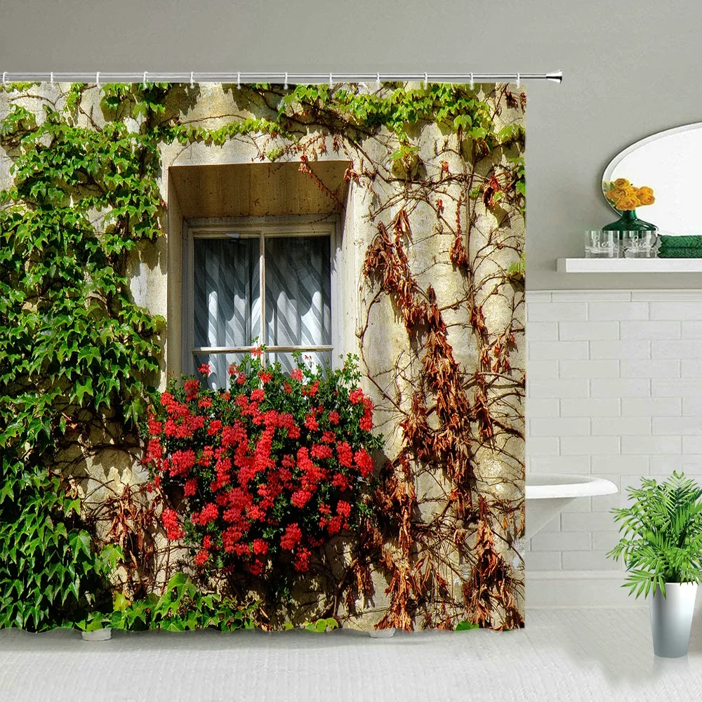 Street Building Scenery Shower Curtains Flowers Plant Retro Old Door Spring Rural Bathroom Curtain Background Wall Decor Cloth