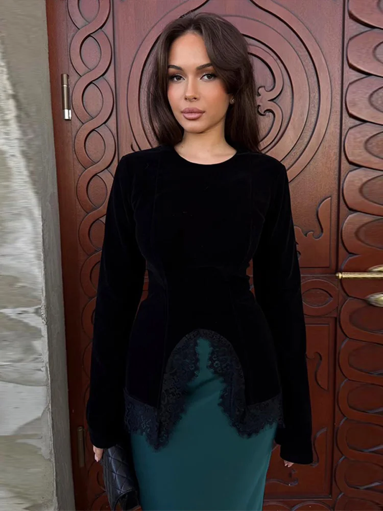 

Women's Skirt Velvet Wrap Top Crew Neck Lace Trim Blouse Female Long Sleeve Asymmetric Hem Slim Elegant Casual Party Fashion Top